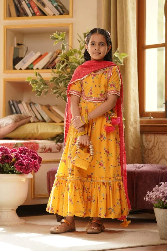 Pre Order: Yellow Print Anarkali and Chiffon Dupatta