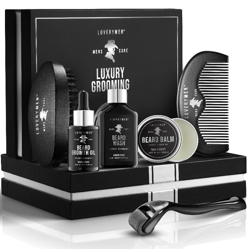 LOVERYMEN Premium Beard Growth Kit – Complete Grooming Solution with Beard Growth Oil, Balm, Wash, Derma Roller & More