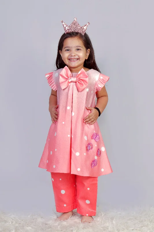 Pre-Order: Peach polka Bow kurta with pants.