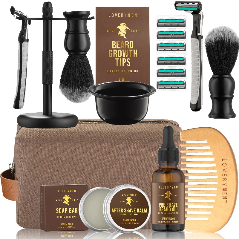 LOVERYMEN Ultimitae Beard Shaving Kit wrapped in a Luxury Brown Leather Bag