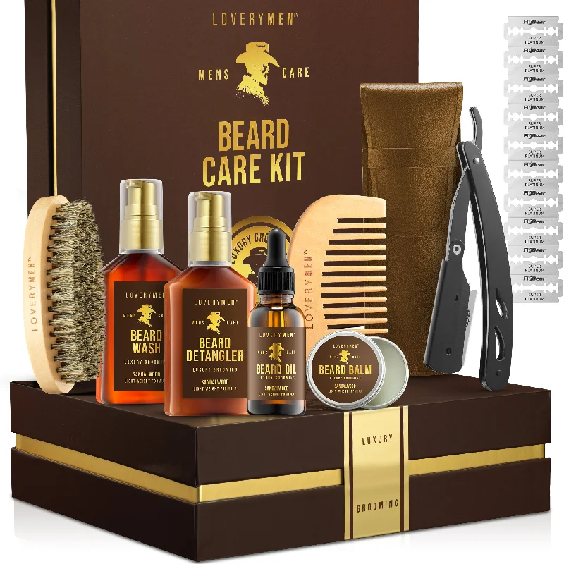 LOVERYMEN 13-Piece Beard Care Kit – Ultimate Grooming Set with Oil, Balm, Wash, Razor & More in Elegant Gift Box