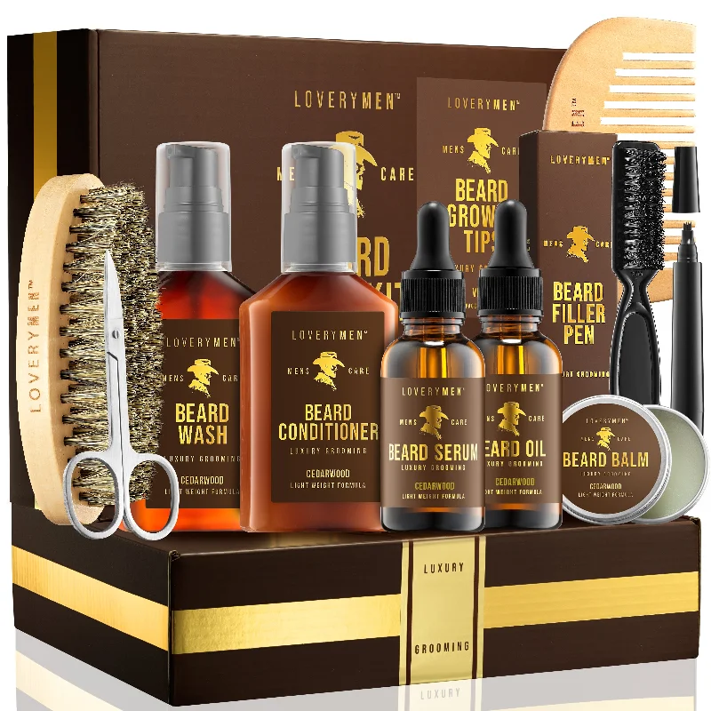 LOVERYMEN 9-Piece Ultimate Beard Care Kit: Beard Oil, Balm, Serum, Wash, Conditioner, Shears, Comb, Brush, & Beard Pen in Elegant Gift Box