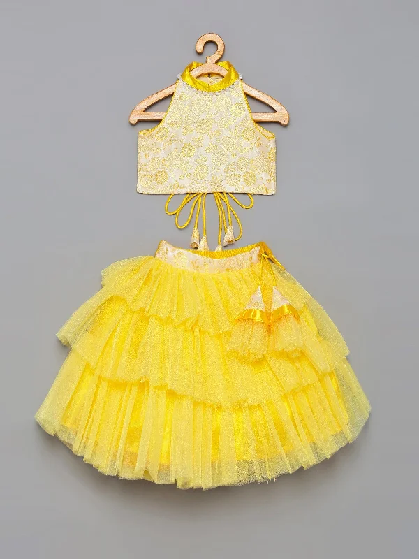 Pre-Order: Yellow Brocade Top with Tulle Lehenga