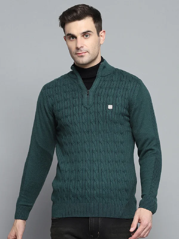 Men Green Self Design Mock Neck Full Sleeve Pullover