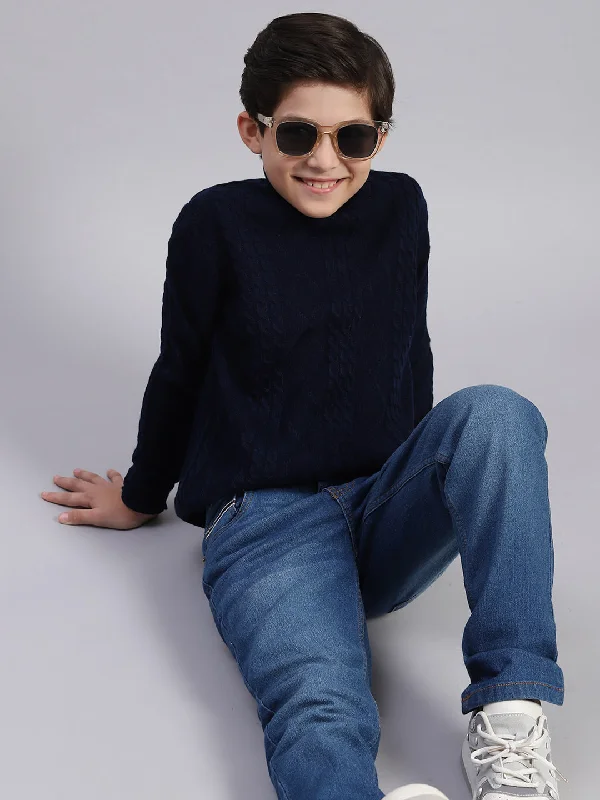 Boys Navy Blue Self Design T Neck Full Sleeve Sweater