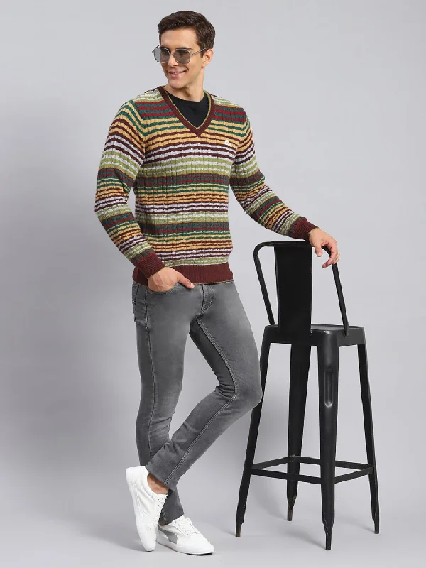 Men Maroon Stripe Lamb wool Pullover