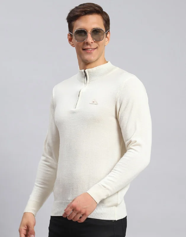 Men Cream Solid High Neck Full Sleeve Pullover