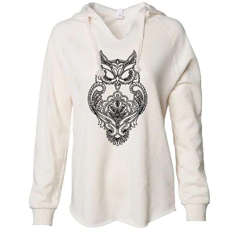 Mystical Owl Stencil Black Women's Soft Hooded Pullover