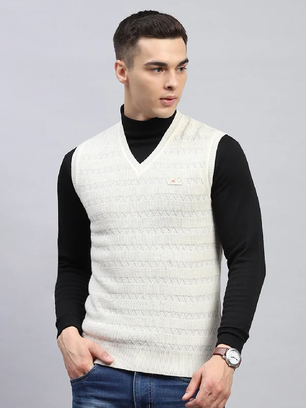 Men Off White Self Design V Neck Sleeveless Sweater