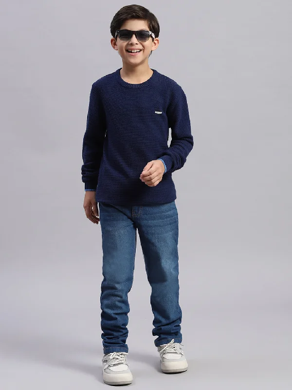 Boys Blue Solid Round Neck Full Sleeve Sweater