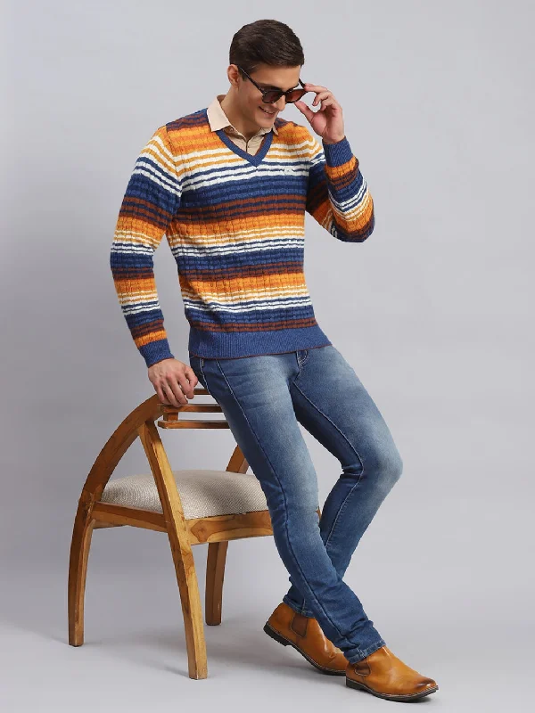 Men Navy Blue Stripe Lamb wool Pullover