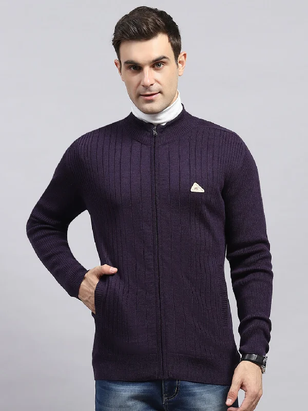 Men Purple Solid Round Neck Full Sleeve Pullover