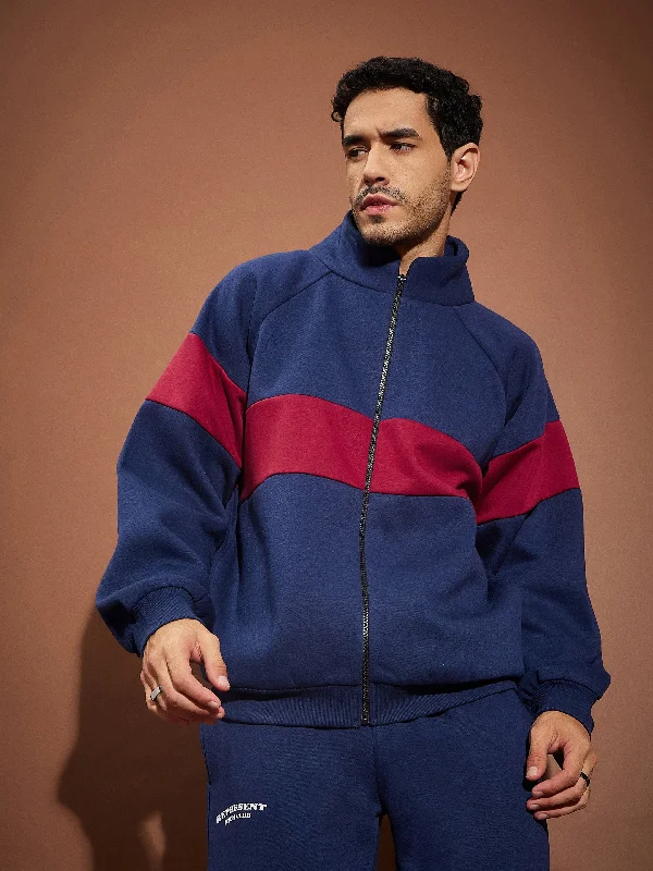 Men Navy & Maroon Colorblock Oversized Zipper Sweatshirt