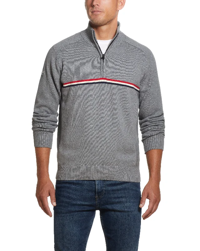 Quarter Zip Sweater With Chest Stripes In Medium Gray Heather