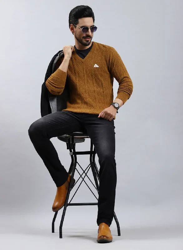 Men Brown Self Design Lamb wool Pullover