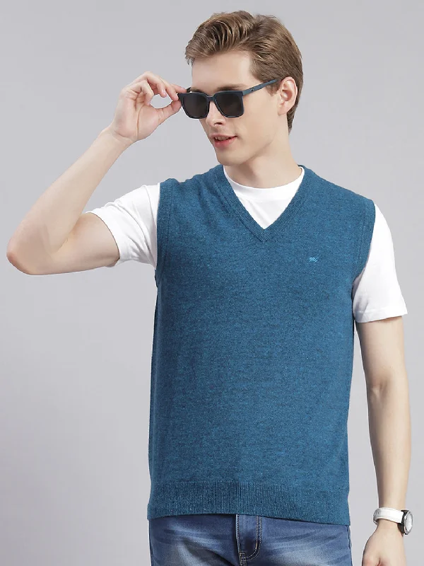 Men Teal Blue Solid V Neck Sleeveless Sweaters/Pullovers