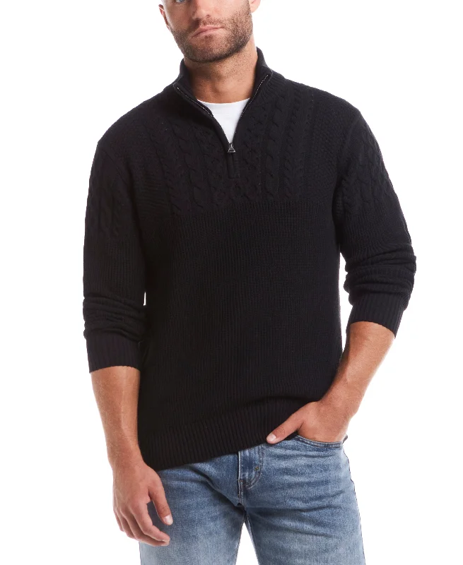 Holiday Cable Yoke Quarter Zip Sweater in Black