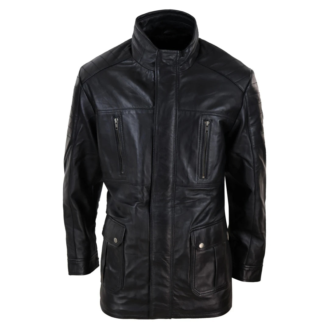 Men's 3/4 Leather Jacket Safari Black Brown Zipped Winter