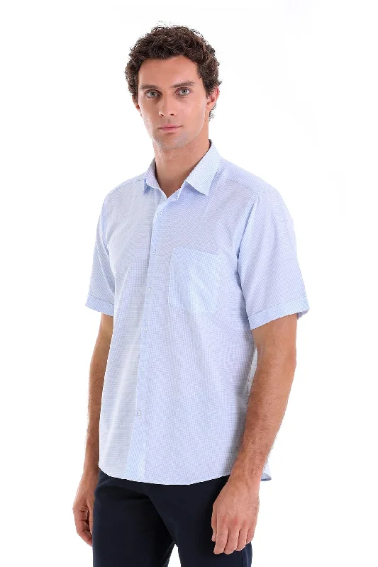 Comfort Fit Pin Check Cotton Blend Light Blue Dress Shirt