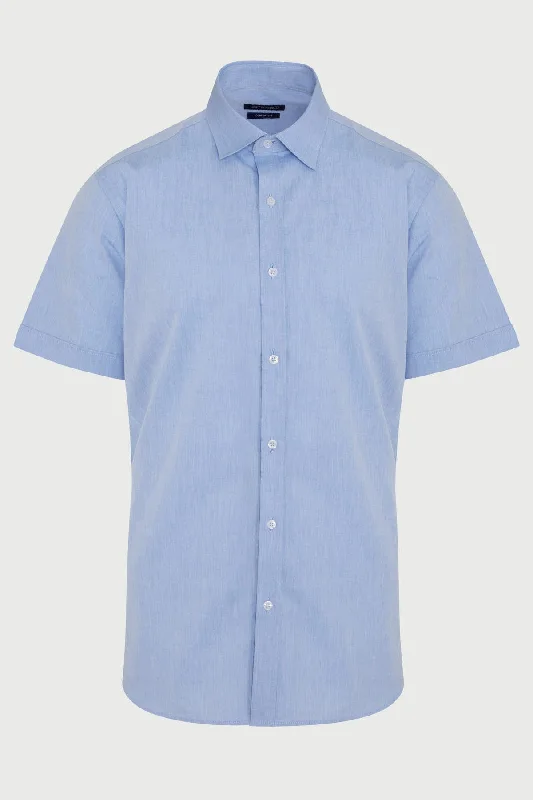 Comfort Fit Short Sleeve Cotton Blue Dress Shirt