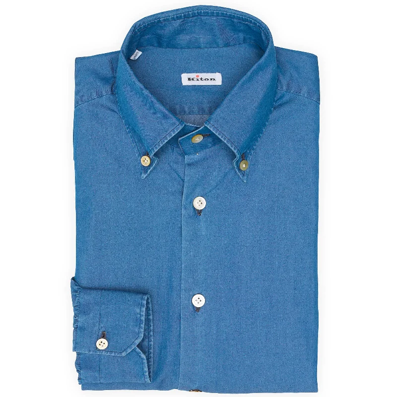 KITON Napoli Handmade Blue Denim Cotton Button-Down Shirt EU 39 NEW US 15.5