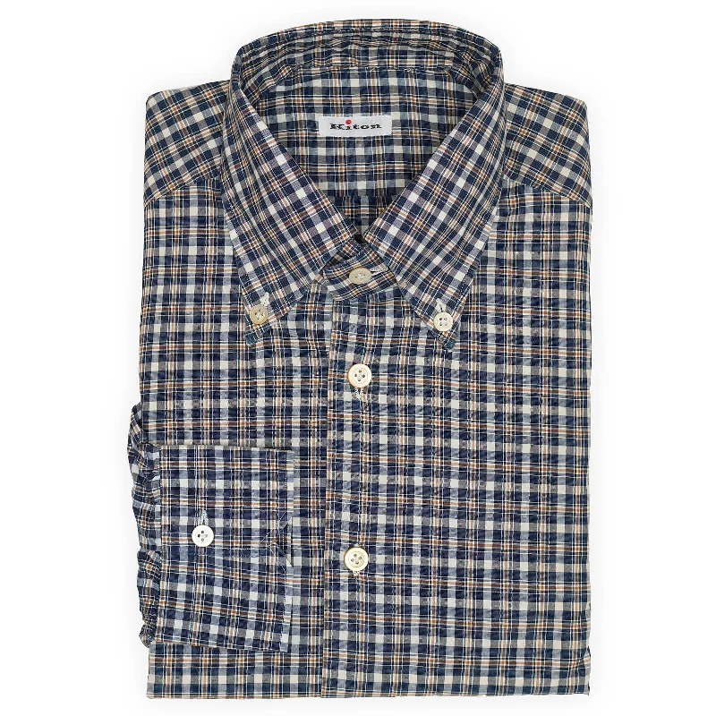 KITON Napoli Handmade Blue Plaid Cotton Button Down Shirt EU 40 NEW US 15.75