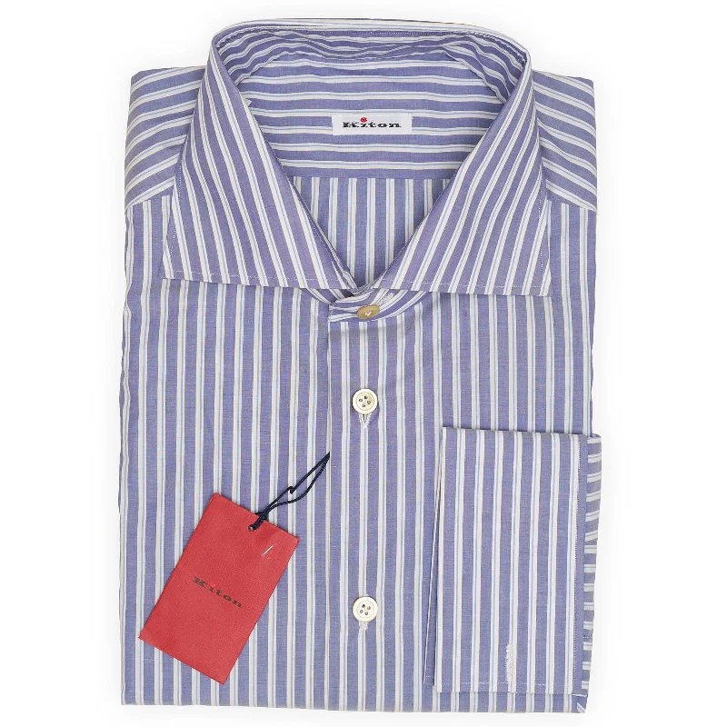 KITON Napoli Handmade Blue Striped Cotton French Cuff Dress Shirt EU 44 NEW US 17.5