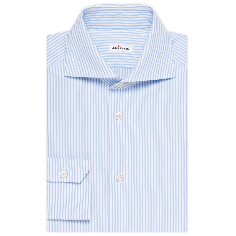 KITON Napoli Handmade Blue Striped Poplin Cotton Dress Shirt EU 39 US 15.5 NEW