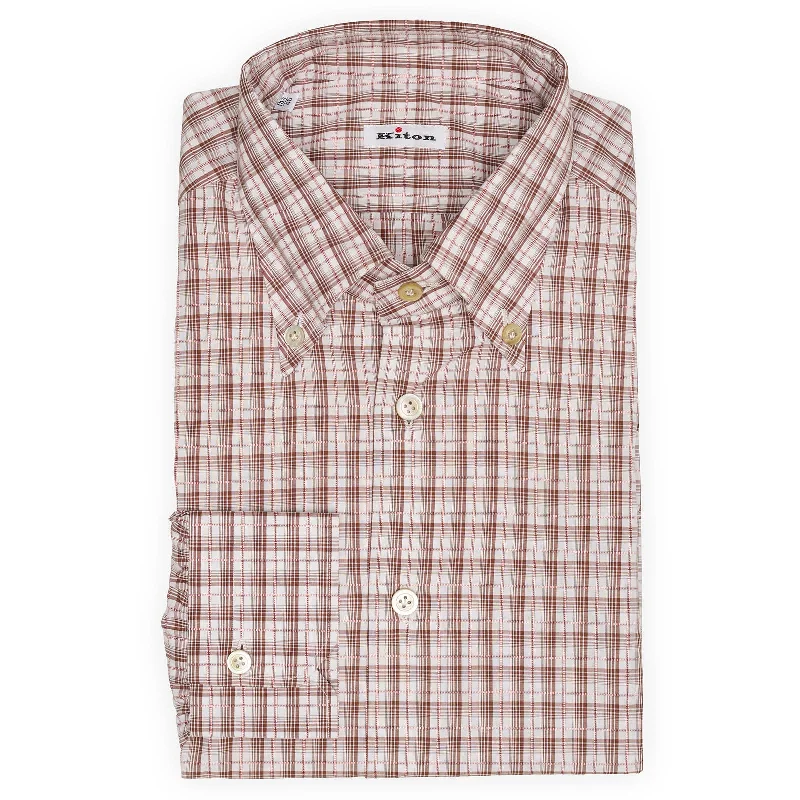 KITON Napoli Handmade Brown Plaid Button-Down Cotton Shirt NEW