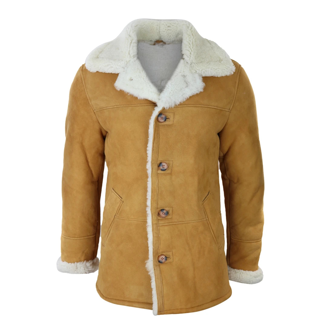 Men's 3/4 Sheepskin Coat Classic Tan Brown Camel Jacket Cream Fur