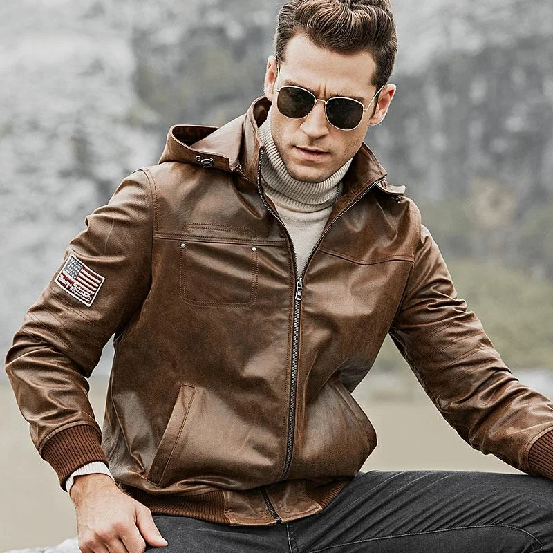 Men's Real Pigskin Leather Motorcycle Jackets with Removable Hood