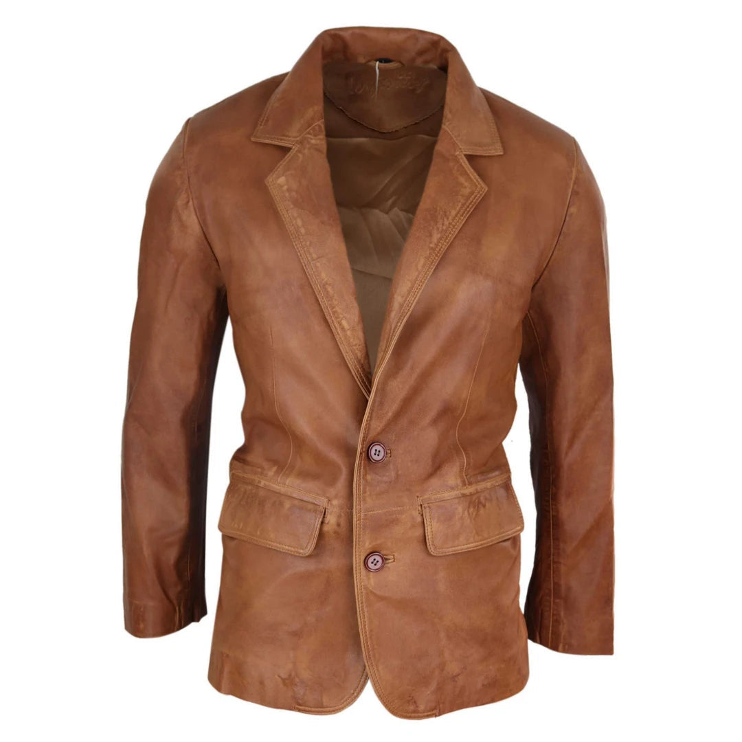 Men's Regular Fit Classic Leather 2 Button Tan Brown Blazer Jacket