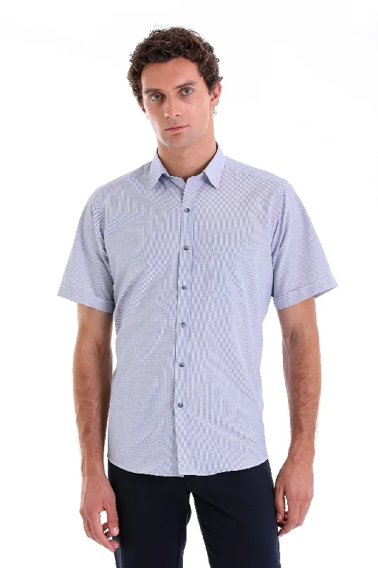 Regular Fit Pin Check Cotton Blend Navy Dress Shirt