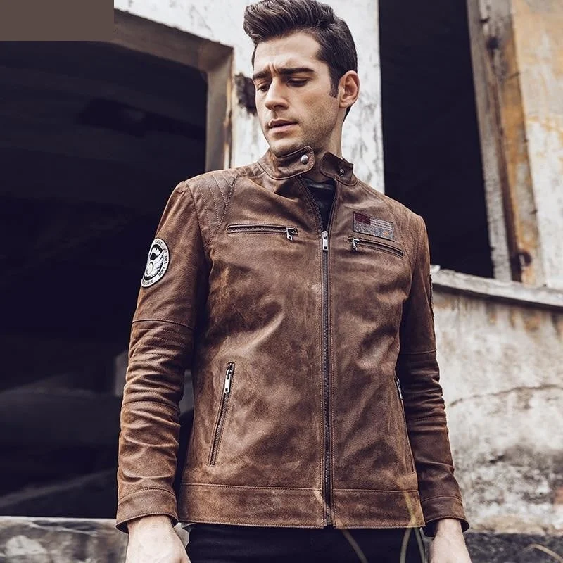 Retro Men's Real Leather Motorcycle Flight Autumn Winter Bomber Jacket