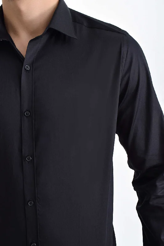 Slim Fit Plain Cotton Blend Dress Shirt, Black