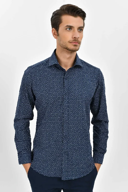 Slim Fit Printed 100% Cotton Blend Navy Dress Shirt