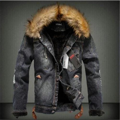 Thick Warm Winter Jacket Denim Outerwear Solid Coat for Men in S-4XL