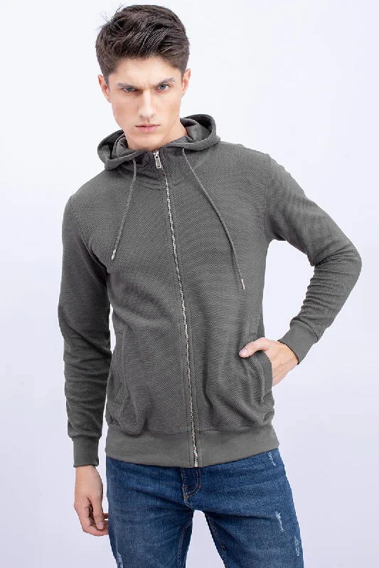 Grey Cotton Stretch Popcorn Knitted Hoodie Jacket