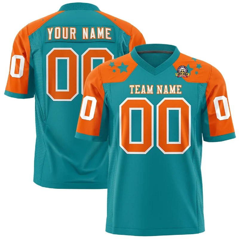 Custom Aqua Orange Personalized Shoulder Star Pattern Authentic Football Jersey