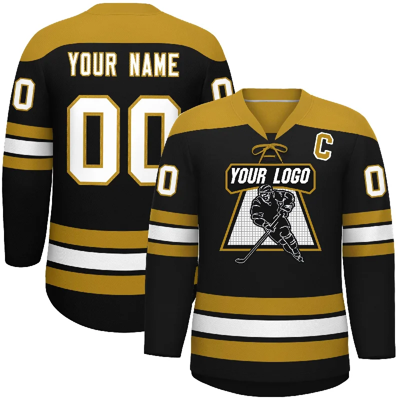 Custom Black Old Gold White Personalized Classic Lace-Up Neck Hockey Jersey