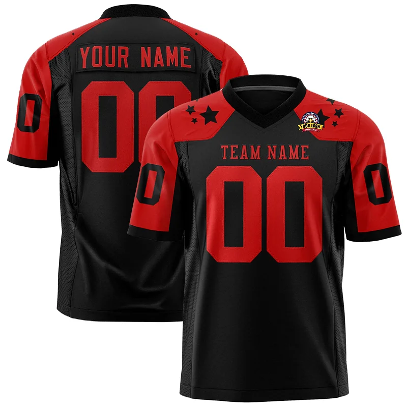 Custom Black Red Personalized Shoulder Star Pattern Authentic Football Jersey