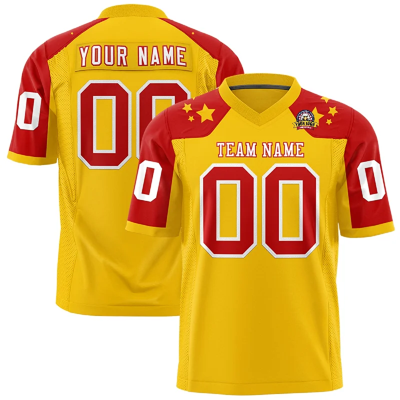 Custom Gold Red Personalized Shoulder Star Pattern Authentic Football Jersey