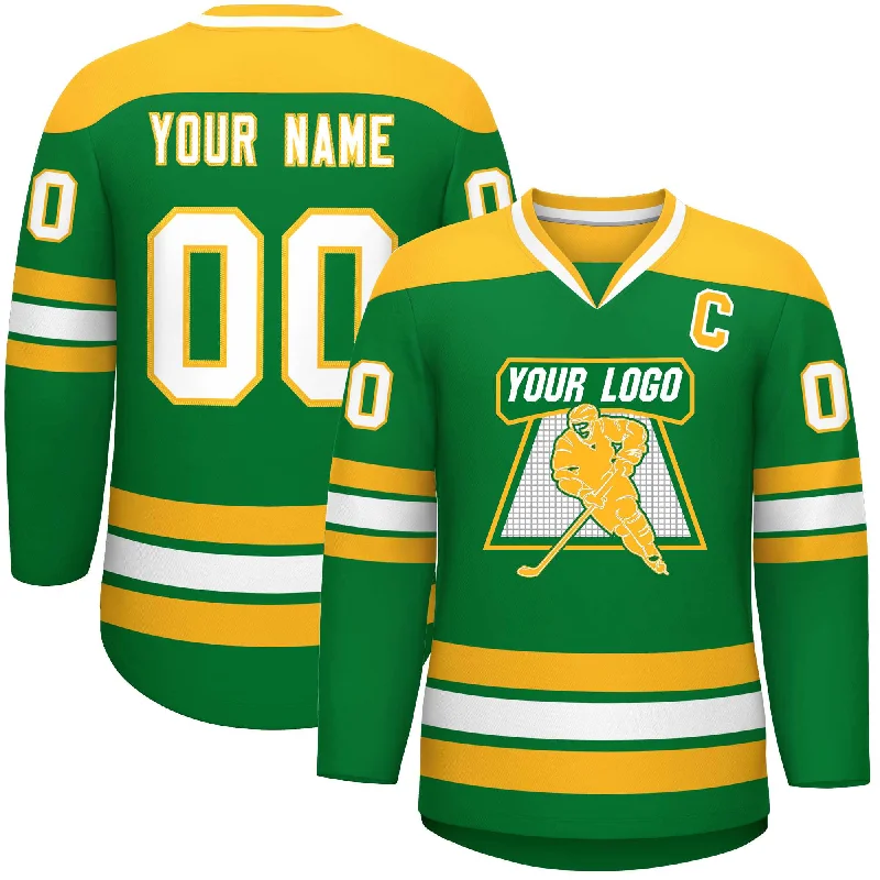 Custom Kelly Green Gold-White Personalized Classic V-Neck Hockey Jersey