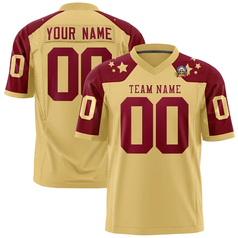 Custom Khaki Crimson Personalized Shoulder Star Pattern Authentic Football Jersey