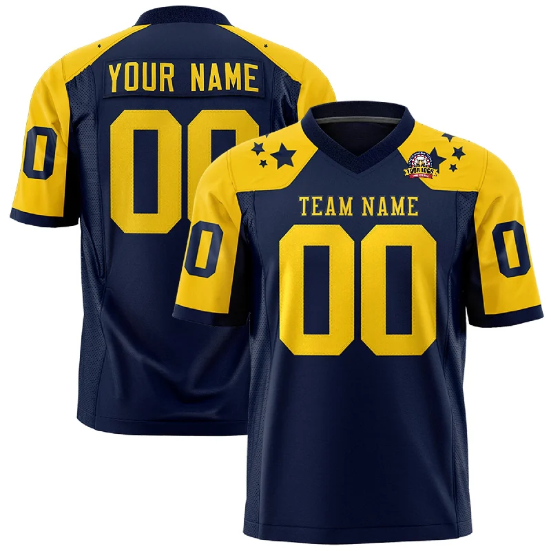 Custom Navy Gold Personalized Shoulder Star Pattern Authentic Football Jersey