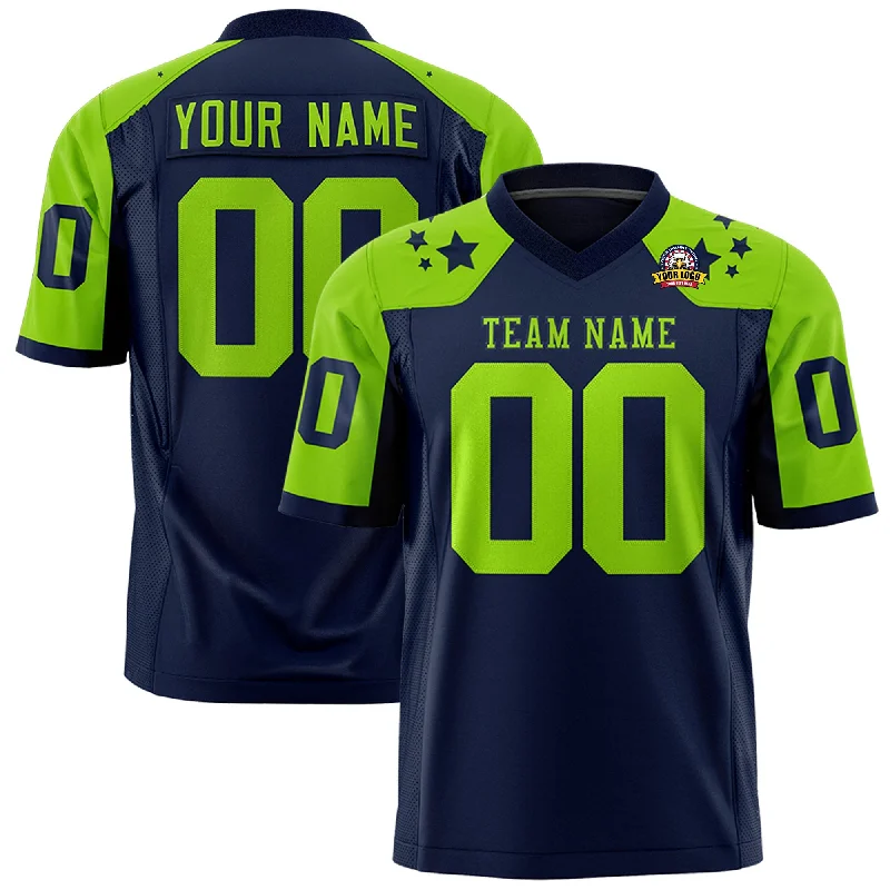 Custom Navy Neon Green Personalized Shoulder Star Pattern Authentic Football Jersey