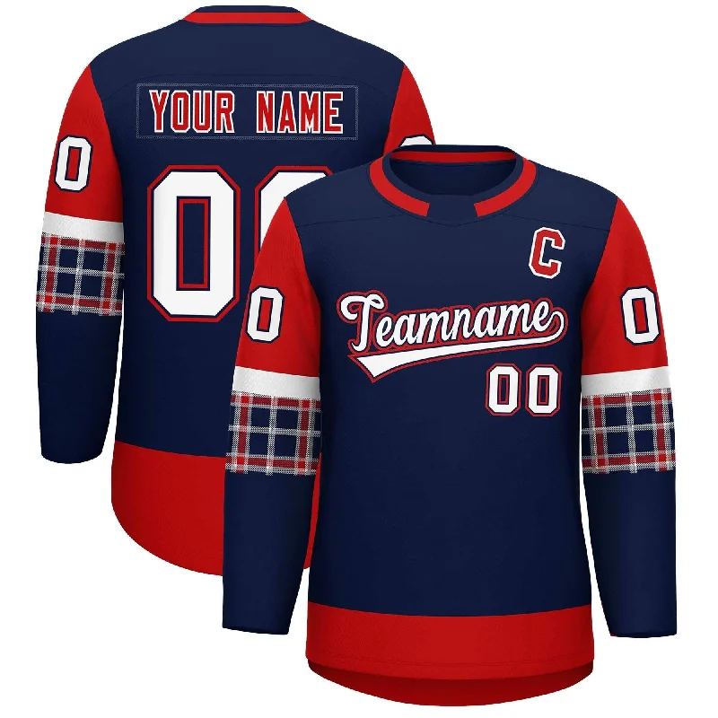 Custom Navy Red Personalized Raglan Sleeves Round-Neck Hockey Jersey