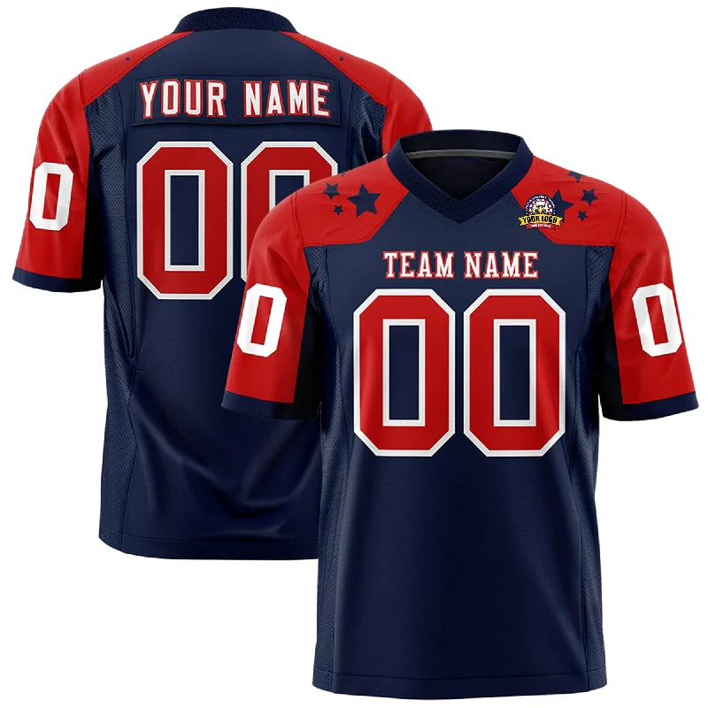 Custom Navy Red Personalized Shoulder Star Pattern Authentic Football Jersey