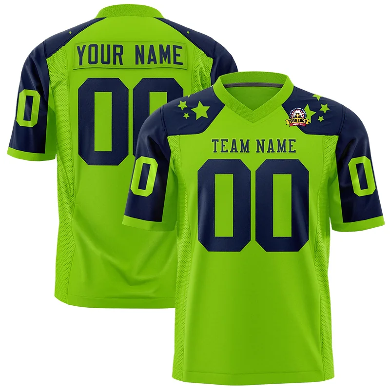 Custom Neon Green Navy Personalized Shoulder Star Pattern Authentic Football Jersey