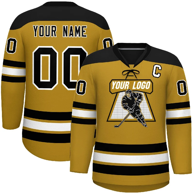 Custom Old Gold Black White Personalized Classic Lace-Up Neck Hockey Jersey